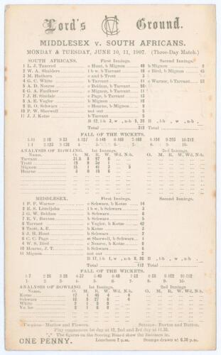 South Africa tour to England 1907. ‘Middlesex v. South Africans’. Rare early double sided scorecard with incomplete printed and faintly handwritten scores in pencil for the match played at Lord’s 10th- 12th June 1907. Printed fixtures for matches at Lord’