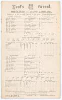 South Africa tour to England 1907. &lsquo;Middlesex v. South Africans&rsquo;. Rare early double sided scorecard with incomplete printed and faintly handwritten scores in pencil for the match played at Lord&rsquo;s 10th- 12th June 1907. Printed fixtures for matches at Lord&rsquo;