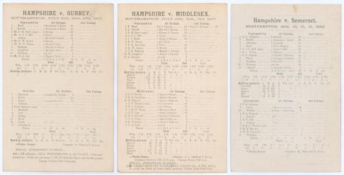 Hampshire C.C.C. 1907-1910. Five early original double sided scorecards for Hampshire ‘home’ matches played at the County Ground, Southampton. The scorecards, all with incomplete printed and/ or handwritten scores are for matches v. Surrey, 25th- 27th Jul