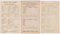 The Ashes. Australia tour to England 1909. Six original double sided scorecards from the 1909 tour. Includes scorecards for four Test matches, 2nd Test, England v Australia, Lord&rsquo;s 14th- 16th June. Complete printed scores. Australia won by nine wickets, V