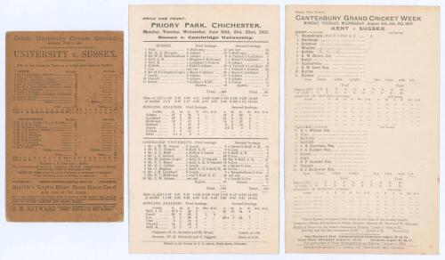 Sussex C.C.C. 1909-1913. Three original double sided scorecards for matches played by Sussex. Matches are v. Cambridge University at Fenner&rsquo;s, 7th- 9th June 1909, incomplete printed scores, Sussex (179 & 263) beat Cambridge (107 & 327) by only eight runs,
