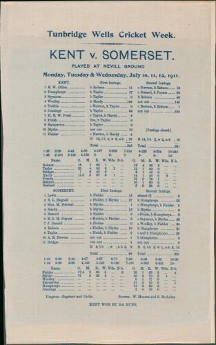 ‘Tunbridge Wells Cricket Week. Kent v. Somerset’ 1911. Original commemorative silk scorecard for the match played at the Neville Ground, 10th- 12th July 1911, in which Frank Woolley scored a century in each innings for the first time in his career. Kent b