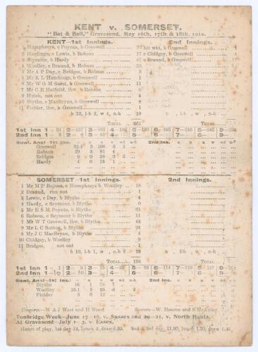 Colin Blythe. Kent & England 1899-1914. &lsquo;Kent v. Somerset&rsquo; 1912. Original double sided scorecard with complete printed and faintly handwritten scores in pencil for the match played at the Bat and Ball Ground, Gravesend, 16th & 17th May 1912. Kent elected 