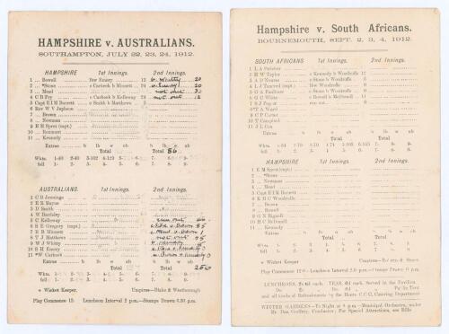 Hampshire C.C.C. Triangular Test Tournament tour matches 1912. Two rare original scorecards for the tour matches played by the Australians and South Africans against Hampshire during the 1912 Triangular Test series. The Hampshire v. Australians match, pla