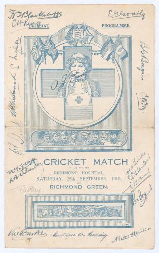 ‘Cricket Match in aid of the Richmond Hospital’ 1915. Official folding programme/ scorecard for the charity match, Rev. J Burroughs’ XI v Mr R.W. Hawtin’s Team played on Richmond Green, 25th September 1915. The programme with decorative front wrapper, tea