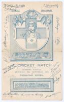 ‘Cricket Match in aid of the Richmond Hospital’ 1915. Official folding programme/ scorecard for the charity match, Rev. J Burroughs’ XI v Mr R.W. Hawtin’s Team played on Richmond Green, 25th September 1915. The programme with decorative front wrapper, tea