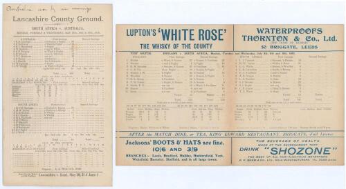 Triangular Test series 1912. Five rare original scorecards from the series including four Test matches and one tour match. Test match scorecards are South Africa v. Australia, Old Trafford, 27th- 29th May, incomplete printed scores. Australia won the open