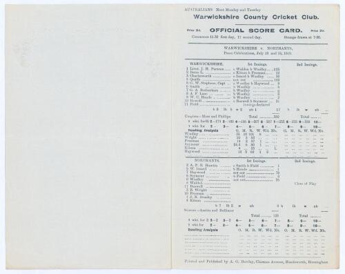 Warwickshire C.C.C. 1919-1930. Five original scorecards for County Championship matches played by Warwickshire, with incomplete printed and/ or handwritten scores unless stated. Each loose mounted to black page. Includes an official folding ‘Peace Day Cri