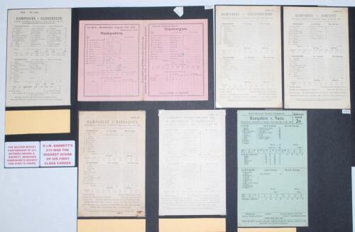 Hampshire C.C.C. 1920-1939. Seven original scorecards for County Championship matches played by Hampshire, with incomplete printed and/ or handwritten scores unless stated. Each loose mounted to black page. Scorecards are v Gloucestershire, County Ground,