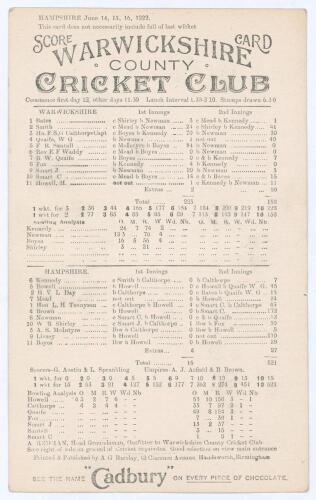 Warwickshire v Hampshire 1922. Rare official single sided scorecard for the &lsquo;famous&rsquo; match played at Edgbaston, 14th- 16th June 1922. Complete printed scores. In this incredible match, Warwickshire batted first and scored 223 (Santall 84, Calthorpe 70) be