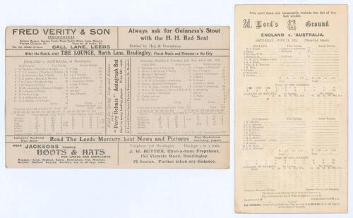 The Ashes. England v Australia 1921. Four original double sided scorecards for four of the five matches in the 1921 Ashes Test series. Scorecards are 2nd Test, Lord&rsquo;s, 11th- 14th June, incomplete printed and faintly handwritten scores in pencil. England s