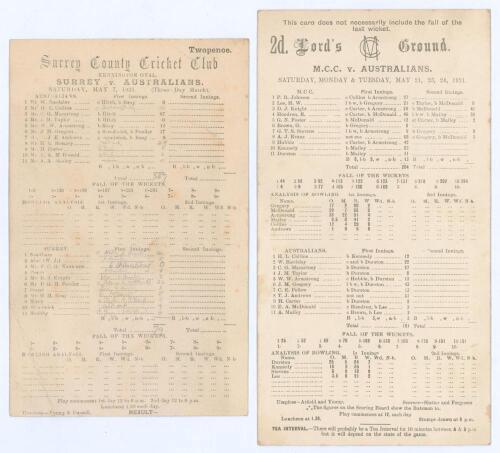 Australia tour of England 1921. Four original scorecards for tour matches played on the 1921 tour. Three with incomplete printed and/ or handwritten scores. Matches are v Surrey, Kennington Oval, 7th- 10th May, Australians won by an innings and 55 runs, s