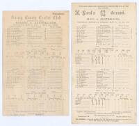 Australia tour of England 1921. Four original scorecards for tour matches played on the 1921 tour. Three with incomplete printed and/ or handwritten scores. Matches are v Surrey, Kennington Oval, 7th- 10th May, Australians won by an innings and 55 runs, s