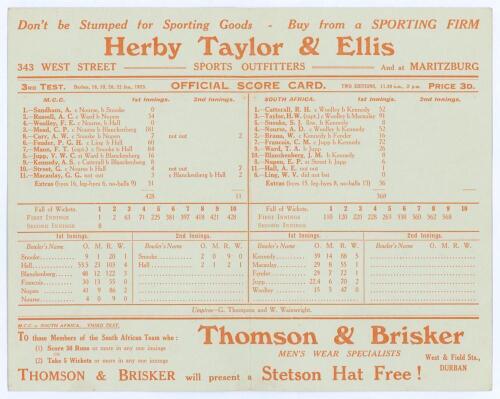 South Africa v M.C.C. 1923. Official folding scorecard for the 3rd Test played at Durban on the 18th- 22nd January 1923. Complete printed scores. England batted first reaching 428 (Phil Mead 181). In reply South Africa made 368 (Herbie Taylor 91, Alex Ken