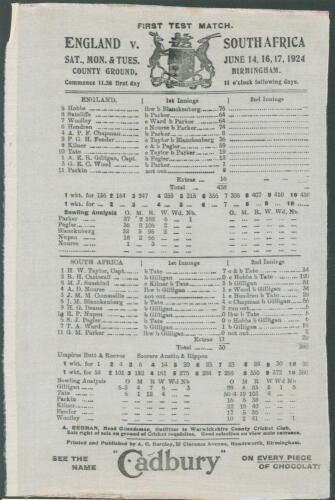 England v South Africa 1924. Original commemorative silk scorecard for the 1st Test played at Edgbaston, 14th- 17th June 1924. England were put in to bat and scored 438 with five batsmen scoring over fifty (Hobbs 76, Sutcliffe 64, Woolley 64, Hendren 74 a