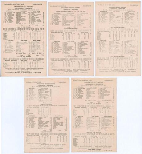 The Ashes. Australia v England 1924/25. &lsquo;Sutcliffe&rsquo;s Series&rsquo;. A rare complete set of official scorecards for the five Test matches in the 1924/25 Ashes series played in Australia, all with complete printed scores, and originally from the personal collecti