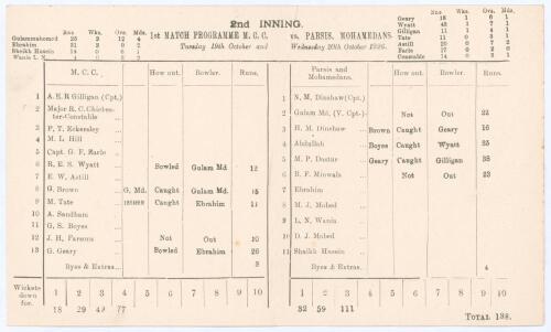 M.C.C. tour to India 1926/27. ‘2nd Inning. 1st Match Programme M.C.C. vs. Parsis Mohamedans [Muslims & Parsees]’. Rare official double sided folding scorecard for the opening match of the 1926/27 tour played at the Karachi Gymkhana Ground, 19th & 20th Oct