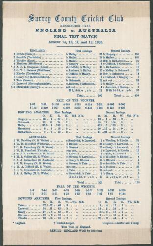 &lsquo;England v. Australia. Final Test Match&rsquo; 1926. Original commemorative silk scorecard for the 5th Ashes Test played at Kennington Oval, 14th- 18th August 1926. Coming in to the final deciding match with the first four all drawn, England won the toss and ba