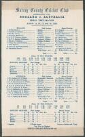 ‘England v. Australia. Final Test Match’ 1926. Original commemorative silk scorecard for the 5th Ashes Test played at Kennington Oval, 14th- 18th August 1926. Coming in to the final deciding match with the first four all drawn, England won the toss and ba