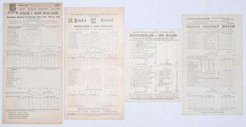 New Zealand tour to England 1927. Four official double sided scorecards for tour matches. Scorecards are v Essex, Leyton, 14th- 17th May, incomplete handwritten scores in pencil, New Zealanders 289 & 208, Essex 373 & 125/5, Essex won by five wickets. v Mi