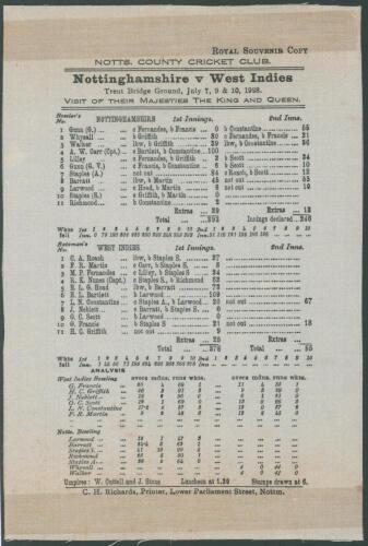 Nottinghamshire v West Indies 1928. ‘Visit of their Majesties The King [George V] and Queen Mary’. Original silk scorecard produced to commemorate the Royal visit to the Trent Bridge Ground on the 7th- 10th July 1928. The scorecard printed by C.H. Richard