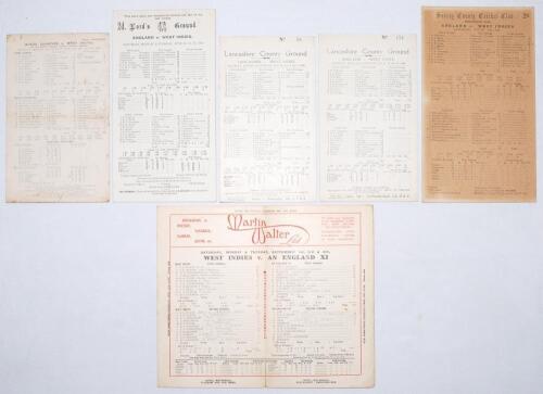 West Indies tour to England 1928. Six official scorecards including the three England v West Indies Test matches played, and three tour matches. Test match scorecards are 1st Test, Lord’s, 23rd- 26th June, complete printed scores, England 401 (Ernest Tyld