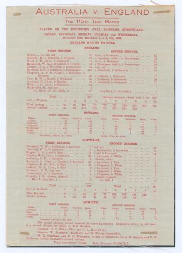 ‘Australia v. England. The 115th Test Match’. Rare official commemorative silk scorecard for the 1st Test match in the 1928/29 Ashes series, played at the Exhibition Oval, Brisbane, 30th November- 5th December 1928 (Timeless Test). In a one-sided affair, 