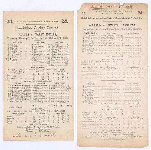Tour matches in Wales 1928 & 1929. Two official single sided scorecards. One for Wales v. West Indies at The Oval, Llandudno, 25th- 27th July 1928. Complete printed and handwritten scores in ink. West Indians scored 198 & 137, Wales 229 & 107/2, Wales win