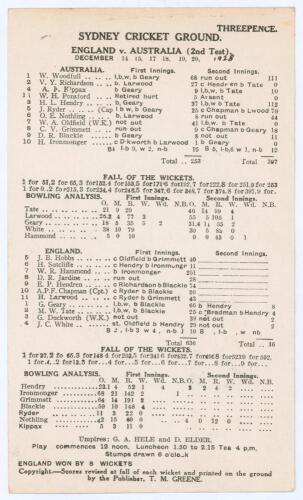 ‘England v Australia (2nd Test)’ 1928/29. Official double sided scorecard for the 2nd Ashes Test, played at Sydney Cricket Ground, 14th- 20th December 1928 (Timeless Test). Complete printed scores. Australia elected to bat first and made 253, Bill Woodful