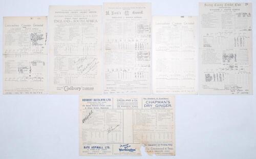 South Africa tour to England 1929. Six official scorecards including for the five matches played in the England v South Africa Test series, and one tour match. Two scorecards signed. Test match scorecards are 1st Test, Edgbaston, 15th- 18th June, complet