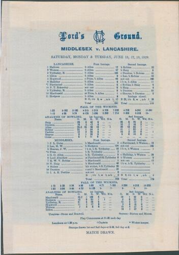 Middlesex v Lancashire 1929. Gubby Allen ten wickets in an innings. Original commemorative silk scorecard for the match played at Lord’s, 15th- 18th June 1929. Lancashire elected to bat first and posted 241 (Ernest Tyldesley 102), Gubby Allen taking all t