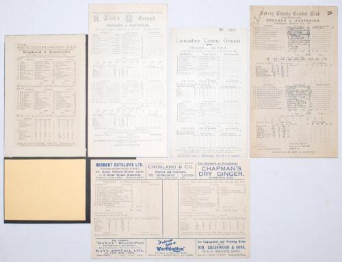 The Ashes 1930. Don Bradman&rsquo;s first tour to England. Complete set of five official scorecards for the five Test series between England and Australia. 1st Test, Trent Bridge, 13th- 17th June, complete printed scores, England scored 270 & 302, Australia 144
