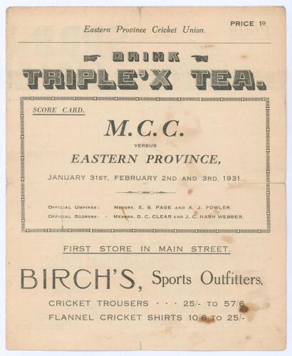 M.C.C. tour to South Africa 1930/31. Rare official folding scorecard for the tour match v Eastern Province played at St. George’s Park, Port Elizabeth, 31st January- 3rd February 1931. The scorecard produced by the Eastern Province Cricket Union with play