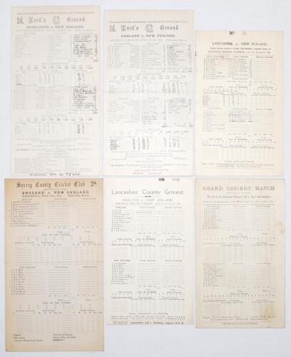 New Zealand tour to England 1931. Six official scorecards including for the three matches played in the England v New Zealand Test series, and three tour matches. Test match scorecards are 1st Test, Lord&rsquo;s, 27th- 30th June, complete printed and handwritte