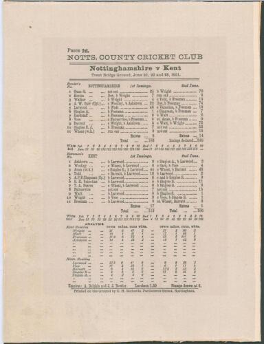 Nottinghamshire v. Kent 1931. Official commemorative silk scorecard for the match played at Trent Bridge, 20th- 23rd June 1931. Nottinghamshire elected to bat first and scored 186 (George Gunn 85). Kent replied with 119, Harold Larwood returning a career 