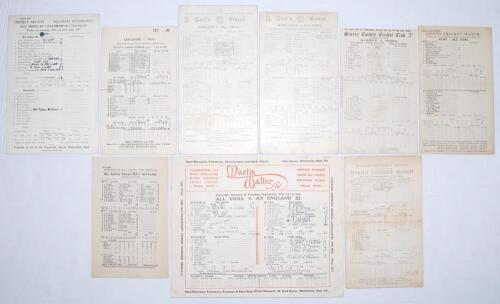 All India tour to England 1932. Nine official scorecards including the inaugural Test match between England and India. Includes the rarer scorecard for the opening match of the tour, &lsquo;All India XI v Pelsham (Mr T. Gilbert Scott&rsquo;s XI)&rsquo;, played at Pelsham, 