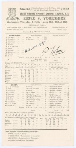 Herbert Sutcliffe and Percy Holmes ‘Record Opening Stand’ 1932. Essex v. Yorkshire. Official double sided scorecard with complete printed scores for the match played at Leyton, 15th- 17th June 1932. Batting first, Sutcliffe and Holmes set a Yorkshire reco