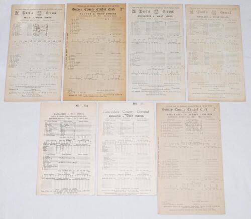 West Indies tour to England 1933. Seven official scorecards including for the three matches played in the England v West Indies Test series, and four tour matches. Scorecards are v M.C.C., Lord’s 20th- 23rd May, incomplete printed and handwritten scores i