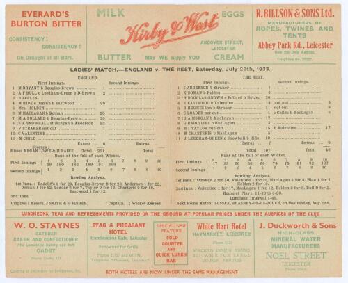 &lsquo;Ladies&rsquo; Match. England v. The Rest&rsquo; 1933. Official folding scorecard for the match played at Grace Road, Leicester, 29th July 1933, the first occasion that a women&rsquo;s team played as &lsquo;England&rsquo;. England batted first and scored 201/6 declared, Molly Hide bei