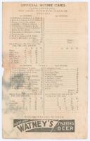 India v England, Eden Gardens, Calcutta 1934. Rare official scorecard for the second Test match played on the 5th- 8th January 1934. The Test match was drawn with England batting first and making 403 all out, Jardine making 61, Langridge 70, Verity 55no a