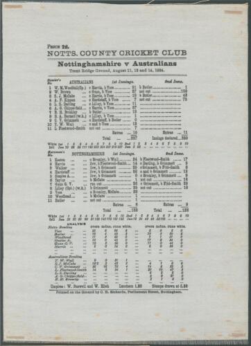 Australia tour to England 1934. Nottinghamshire v Australians. Original commemorative silk scorecard for the tour match played at Trent Bridge, 11th- 14th August 1934. The Australians batted first and reached 237, William Woodfull top scorer with 81, Bill