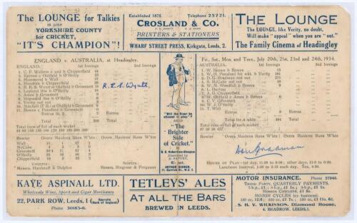 Australia tour to England 1934. England v Australia, 4th Test, Headingley, 20th- 24th July 1934. Original double sided scorecard with printed scores complete to the close of the second day&rsquo;s play. England scored 200 in their first innings, Cyril Walters t