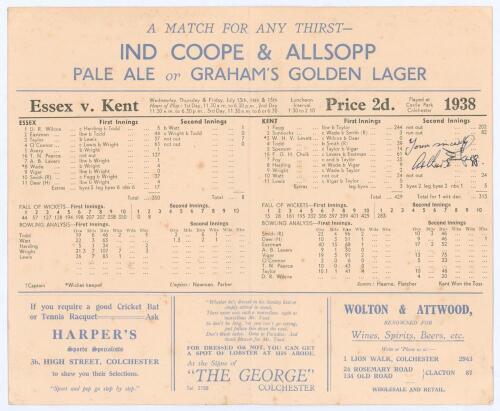 Arthur Edward Fagg. Kent & England 1932-1957. Two double centuries. Essex v Kent 1938. Official folding scorecard with complete printed scores for the match played at Colchester, 13th- 15th July 1938, in which Arthur Fagg became the first player to score 