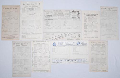 Australia tour to England 1938. Nine official scorecards of tour and Test matches from the 1938 tour. The majority with incomplete printed and/ or handwritten scores (unless stated). Scorecards are v M.C.C., Lord’s 14th- 17th May, match drawn (Bradman 278