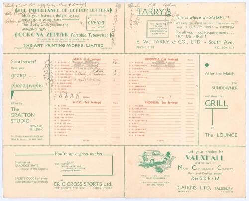 M.C.C. tour to South Africa &lsquo;Timeless Test Series&rsquo; 1938/39. Two official folding scorecards for tour matches. The first a folding scorecard for the match Rhodesia v M.C.C., Salisbury 10th- 13th February 1939 with incomplete handwritten scores in ink. M.C.