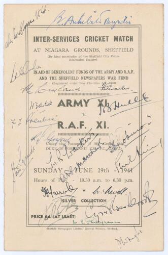 ‘Inter-Services Cricket Match. Army [Royal Army Service Corps] XI v. R.A.F. XI’ 1941. A signed official folding scorecard for the charity fundraising match played at Niagara Grounds, Sheffield, 29th June 1941. The teams listed to centre pages feature nota