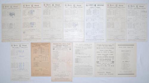 Wartime cricket 1942. A good selection of twelve official scorecards for matches played in 1942. Includes eight for matches played at Lord’s, The Army v. Sir Pelham Warner’s XI 23rd May, British Empire XI v. The Buccaneers 30th May, The Army v. The R.A.F.