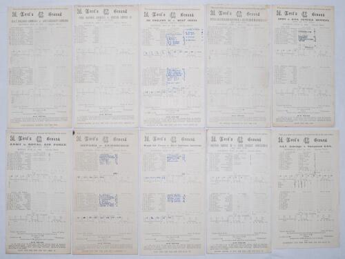 Wartime cricket 1943. A good selection of eighteen official scorecards for matches played in at Lord&rsquo;s 1943 and one other. Matches at Lord&rsquo;s are R.A.F. Balloon Command v. Anti-Aircraft Command 15th May, Civil Defence Services v. British Empire XI 22nd May