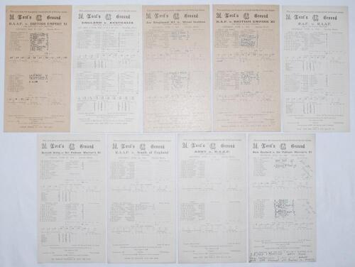 Wartime cricket 1945. A good selection of eighteen official scorecards for matches played in at Lord&rsquo;s 1945. Matches are R.A.A.F. v. British Empire XI 12 May, England v. Australia 19th- 22nd May, An England XI v. West Indies 2nd June, R.A.F. v. British Em