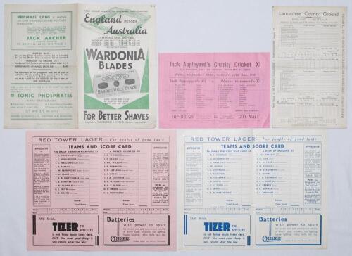 Wartime Northern cricket 1945. Five official scorecards for matches played in 1945. Matches are England v. Australia, Bramall Lane, Sheffield 23rd -26th June, Jack Appleyard&rsquo;s Charity XI v. Walter Hammond&rsquo;s XI, Roundhay Park 24th June, England v. Australi